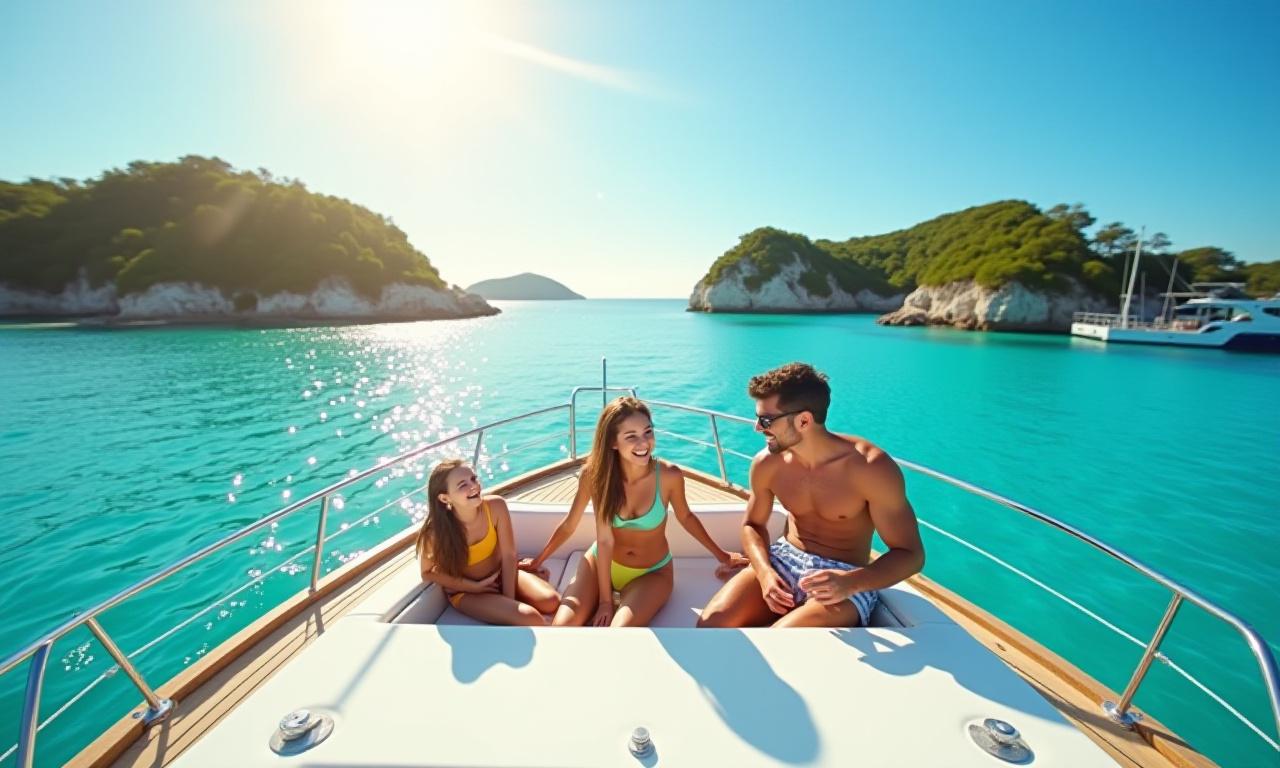 Family enjoying an activity on a luxury yacht deck in a stunning exotic location.